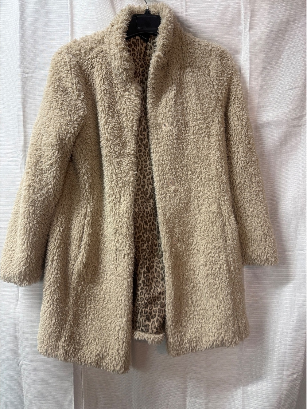 Beige Faux Fur Coat with Leopard Print Lining